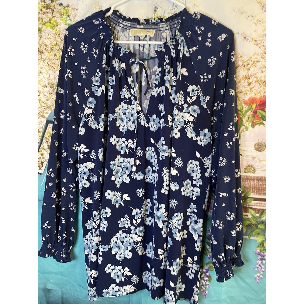 Michael Kors Navy Blue Floral Tie-Neck Blouse